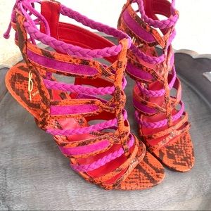 Brian Atwood designer cage heels in orange & pink